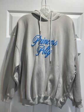 Princess Polly Light Gray Hoodie with Blue Script women’s size 6